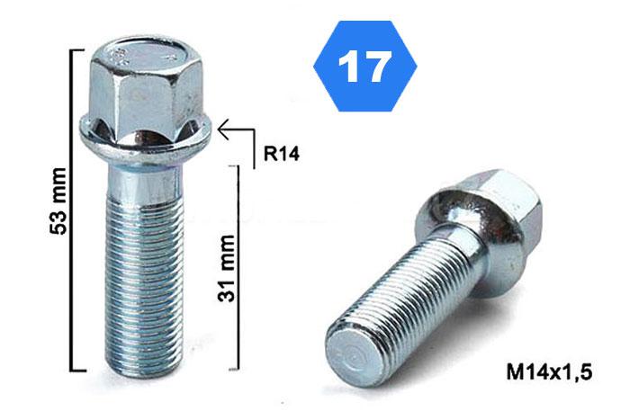 M14x1,5, Radius 14, Wielbout radius, Draadlengte 30mm, SW 17, o.a. Mercedes